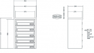 RENZ Briefkastenanlage Aufputz, Tetro, Edelstahl V4A, Kastenformat 370x110x270mm, 5-teilig